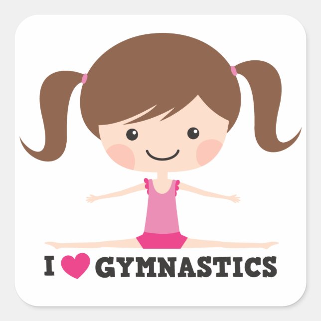 I Liebe Gymnastik niedlich Cartoon Girl Quadratischer Aufkleber (Vorderseite)