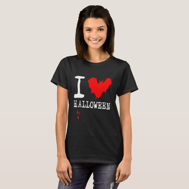 I Liebe Halloween Red Bat Black T-Shirt (Vorne ganz)