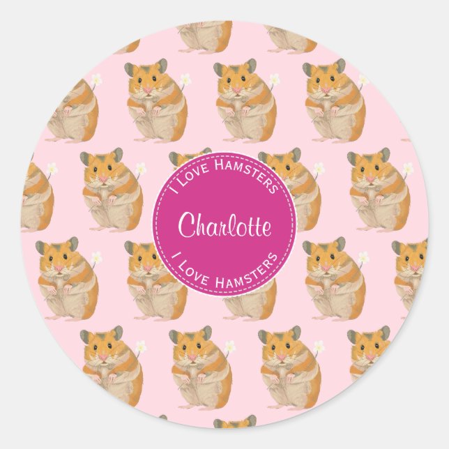 I Liebe Hamsters Pink Hamster Muster Runder Aufkleber (Vorderseite)