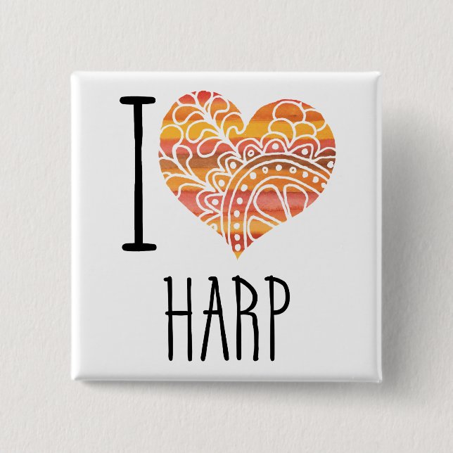 I Liebe Harp Orange Mandala Herz Button (Vorderseite)