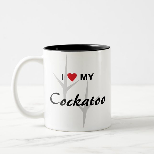 I Liebe (Herz) mein Cockatoo-Vogel-Bahn-Entwurf Zweifarbige Tasse (Links)