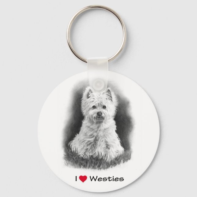 I Liebe (Herz) Westies: Zeichnend Bleistift Schlüsselanhänger (Vorderseite)