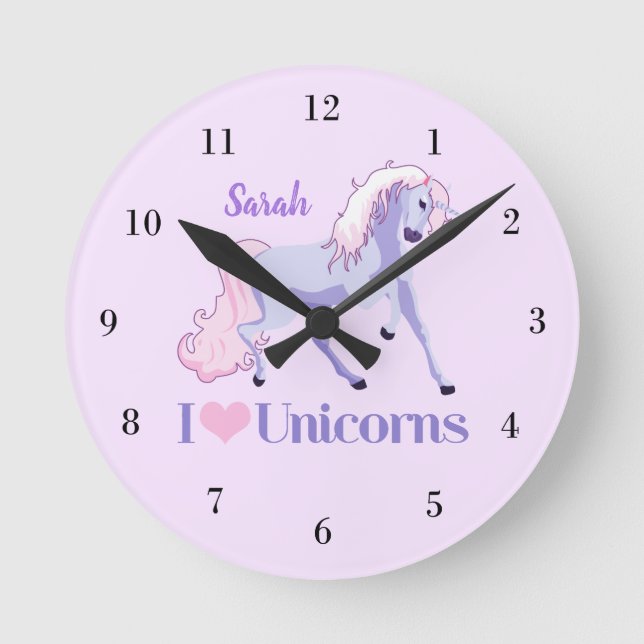 I Liebe Hörner Niedlich Rosa Lila Monogramm Mädche Runde Wanduhr (Vorderseite)