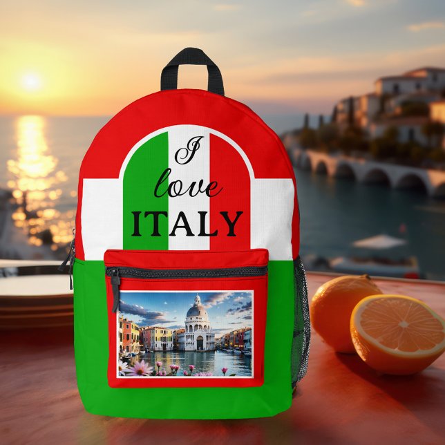 I Liebe Italien Foto Bedruckter Rucksack (Backpack featuring a design based on the colors of the Italian flag with your photo on the front)