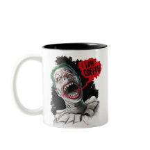 I Liebe-Kaffee-verrückter lachender Zombie-Clown