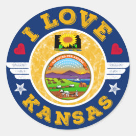 I Liebe Kansas Staat Karte und Flagge Runder Aufkleber