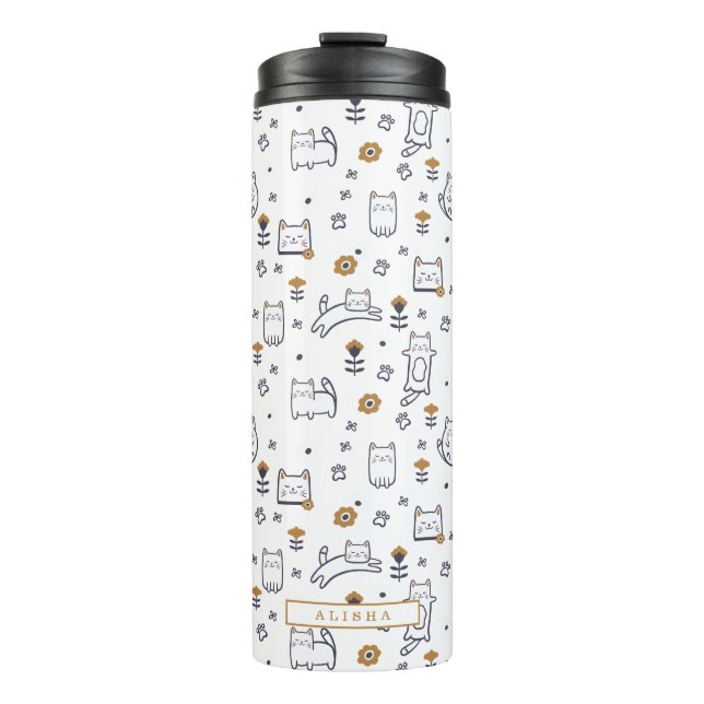I Liebe Katzen Niedlich Little Kitty Cat & Floral  Thermosbecher (Vorderseite)