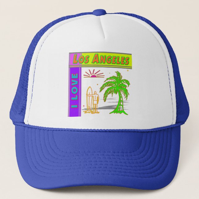 "I LIEBE Los Angeles" Sun Palm Tree&Surfer #2 Hat Truckerkappe (Vorderseite)