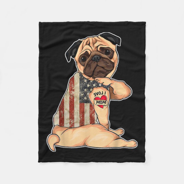 I Liebe Mama Tattoo Mops Hundeshirt American Flag  Fleecedecke (Vorderseite)