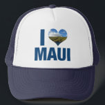 I Liebe Maui Hawaii Niedlich Hawaiianischer Urlaub Truckerkappe<br><div class="desc">Ich Liebe Maui Hawaii Hut mit einem niedlichen herzförmigen Foto des blauen Hawaiianischen Ozeans und grünen Bergen. Schöne Küstengewässer machen mich glücklich im Sommerurlaub. Eine niedliche Sake-Kappe mit Windmühlen auf einem Hügel.</div>
