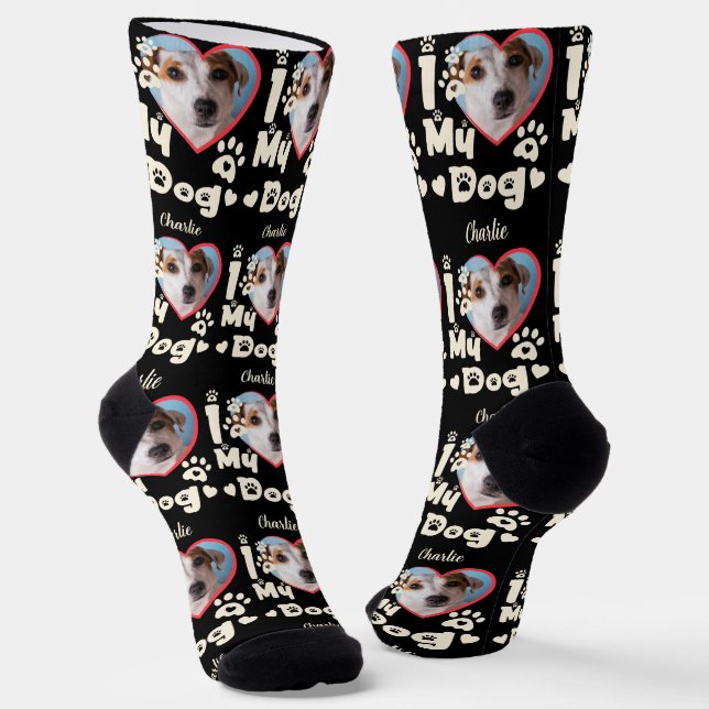 I Liebe Mein Hund Herz Personalisiert Foto & Name Socken (Gewinkelt)