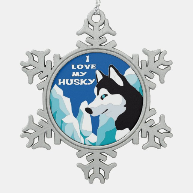 I Liebe mein sibirischer Schlittenhund Schneeflocken Zinn-Ornament (Vorderseite)