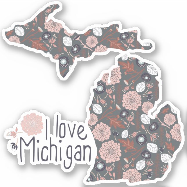 I Liebe Michigan Playful Floral Pink Brown Black Aufkleber (Vorderseite)