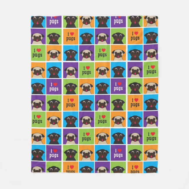 I Liebe-Mops-Farbquadrat-Fleece-Decke II Fleecedecke (Vorderseite)
