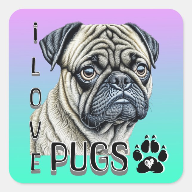 I LIEBE MOPS | Niedliche Hundebesitzer Quadratischer Aufkleber (Vorderseite)