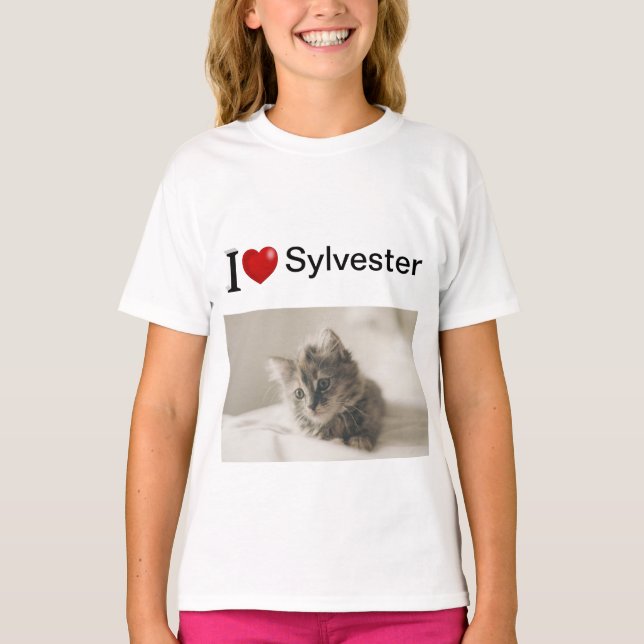 I Liebe My Cat personalisiert Foto T-Shirt (Vorderseite)