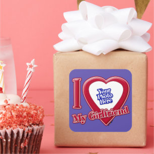 I Liebe My Girlfriend Foto Red Heart Lila Quadratischer Aufkleber