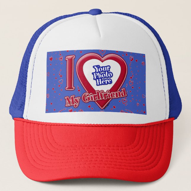 I Liebe My Girlfriend Foto Red Hearts Deep Royal B Truckerkappe (Vorderseite)