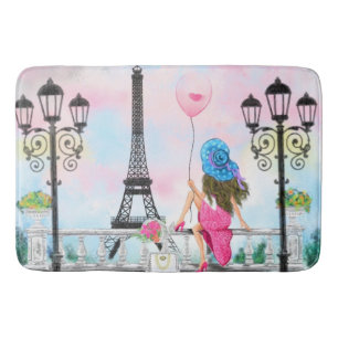I Liebe Paris Bath Mat - Frau mit rosa Ballon Badematte