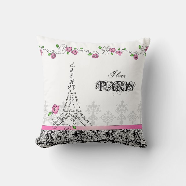 I Liebe-Paris-Kissen-weiße rosa schwarze Rosen Kissen (Vorderseite)