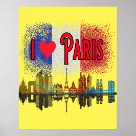 I Liebe Paris Skyline Französisches Flag Wall Art  Poster