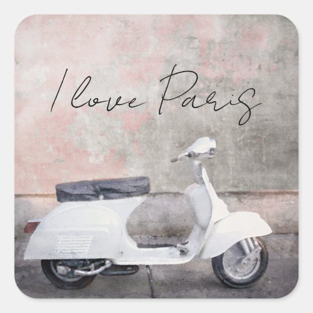 I Liebe Paris Weißer Motorroller Quadratischer Aufkleber (Vorderseite)