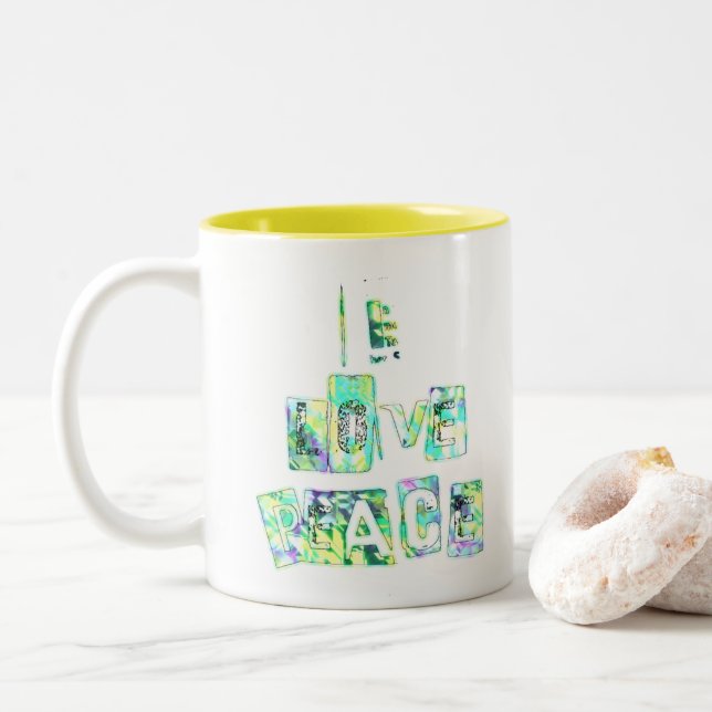 I Liebe Peace Beautiful Art Print Text Design Zweifarbige Tasse (Mit Donut)