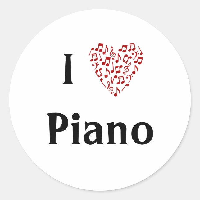 I Liebe Piano Rotes Herz der Musiknoten Runder Aufkleber (Vorderseite)