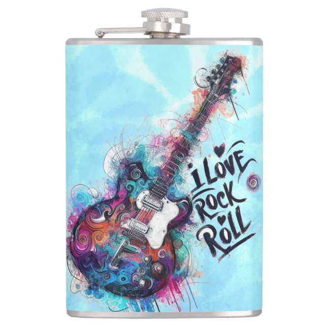 I Liebe Rock'n'Roll Electric Guitar Music Art Blue Flachmann (Vorderseite)