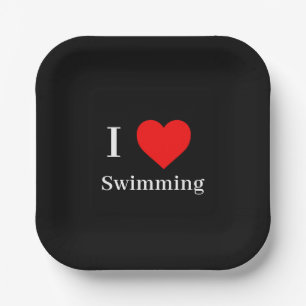 I Liebe Schwimmen Typografie & Rotes Herz Schwarz Pappteller