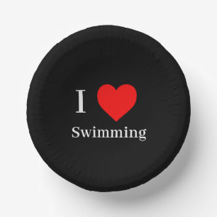 I Liebe Schwimmen Typografie & Rotes Herz Schwarz Pappteller