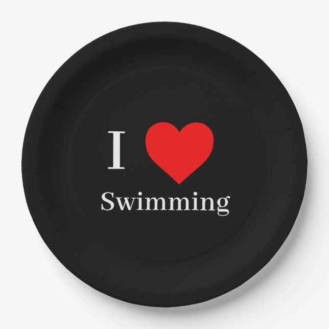 I Liebe Schwimmen Typografie & Rotes Herz Schwarz Pappteller (Vorderseite)