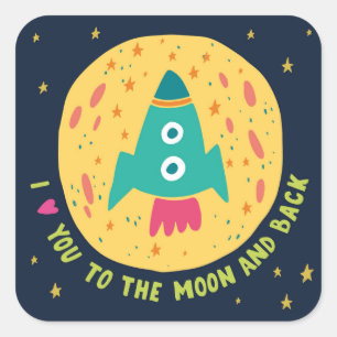 I Liebe Sie zum Mond und zum hinteren Rocketship Quadratischer Aufkleber
