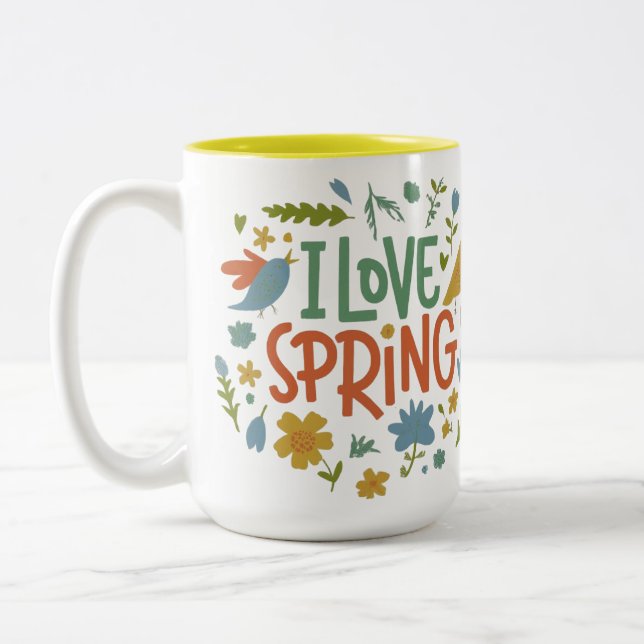 I Liebe Spring verfügbar in 11 Unze oder 15 Unze Zweifarbige Tasse (Links)