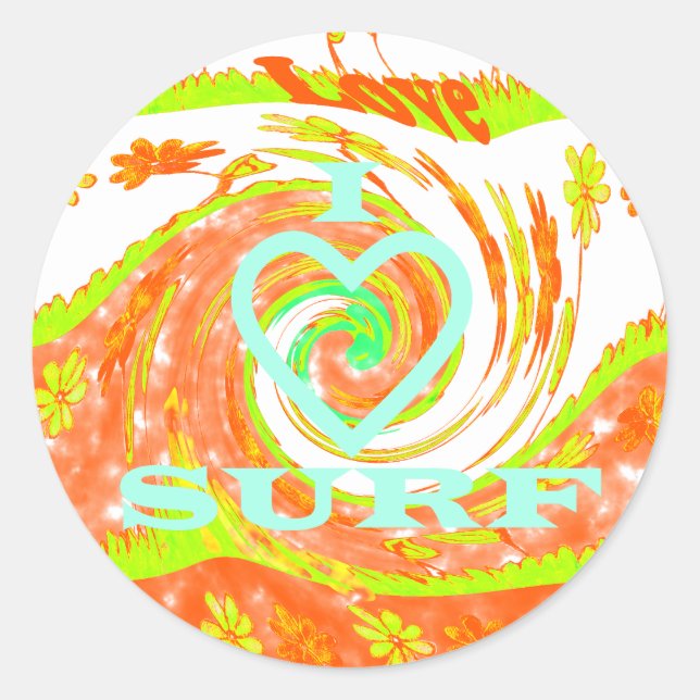 I Liebe Surf: Schönes Blumengestein mit Cooler Tex Runder Aufkleber (Vorderseite)