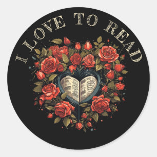 I Liebe to Read: Rose, Herz und Buch Runder Aufkleber