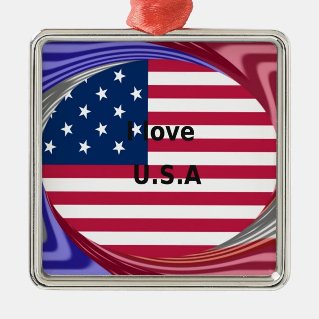 I Liebe U.S.A. Swirl: Patriotische Herzkunst Print Ornament Aus Metall (Vorne)