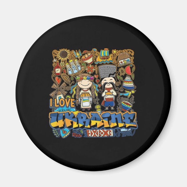 I Liebe Ukraine Doodle mit ukrainischer Flagge Magnet (Vorne)