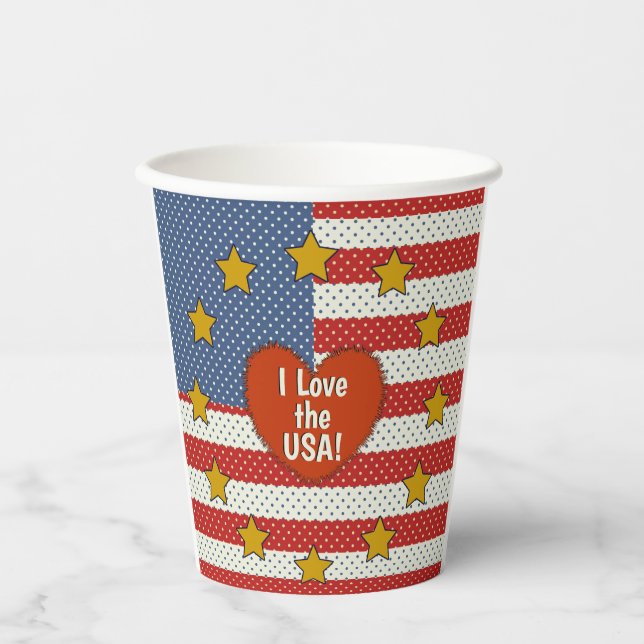 I Liebe USA - Rote, Weiße, Blaue Polka-Dot-Flagge Pappbecher (Vorderseite)