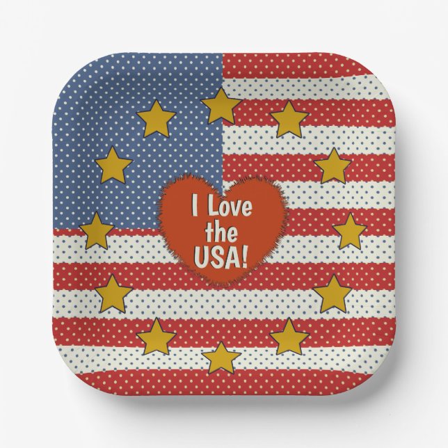 I Liebe USA - Rote, Weiße, Blaue Polka-Dot-Flagge Pappteller (Vorderseite)