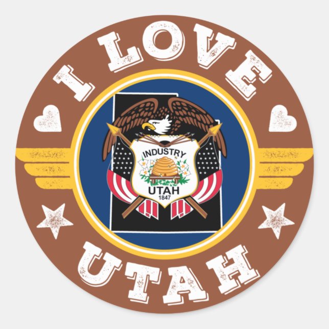 I Liebe Utah Staatsflagge und Karte Runder Aufkleber (Vorderseite)