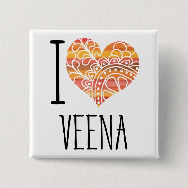 I Liebe Veena Orange Mandala Herz Button (Vorderseite)