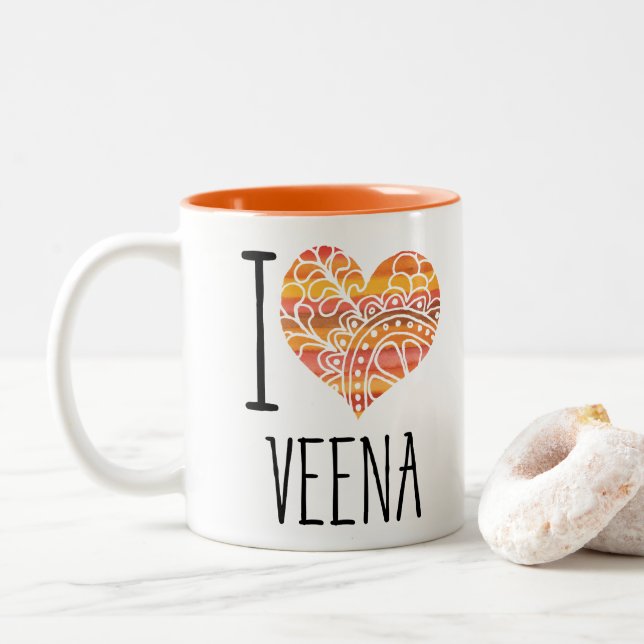 I Liebe Veena Orange Mandala Herz Zweifarbige Tasse (Mit Donut)