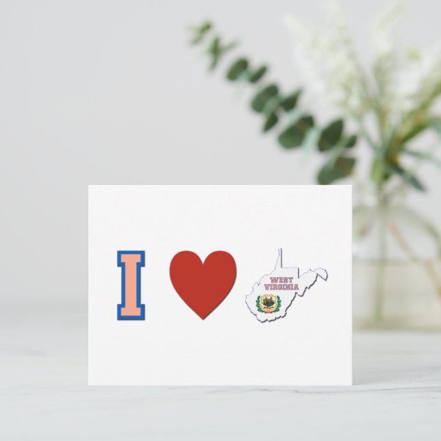 I Liebe West Virginia Shaped State Flag and Heart Postkarte (Stehend Vorderseite)