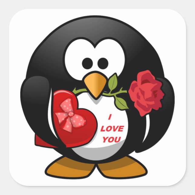 "I LIEBE YOU" PENGUIN QUADRATISCHER AUFKLEBER (Vorderseite)
