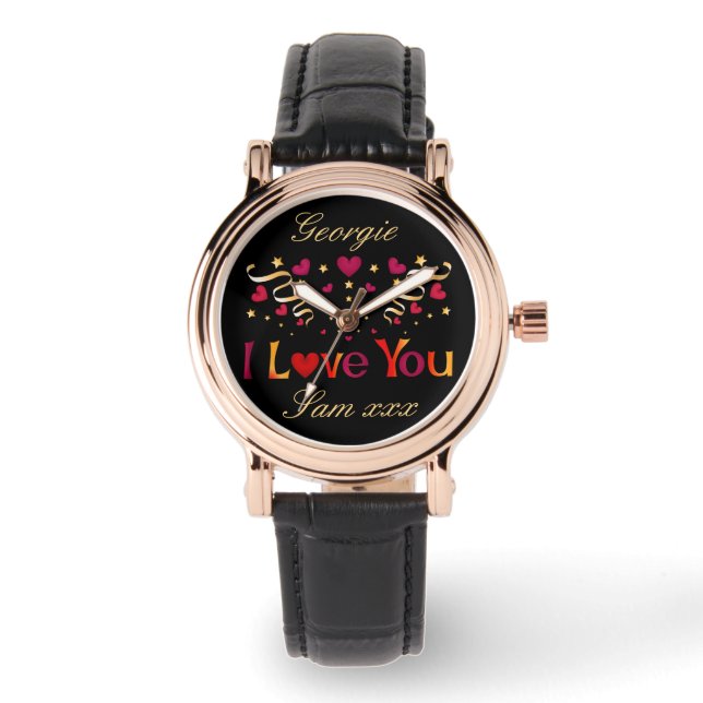 I LIEBE YOU Red Heart Gold Ribbon Black Valentine Armbanduhr (Vorderseite)