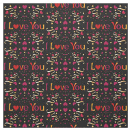 I LIEBE YOU Red Heart Gold Ribbon Black Valentine Stoff
