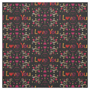 I LIEBE YOU Red Heart Gold Ribbon Black Valentine Stoff