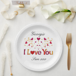 I LIEBE YOU Red Heart Gold Ribbon Valentine Weddin Pappteller