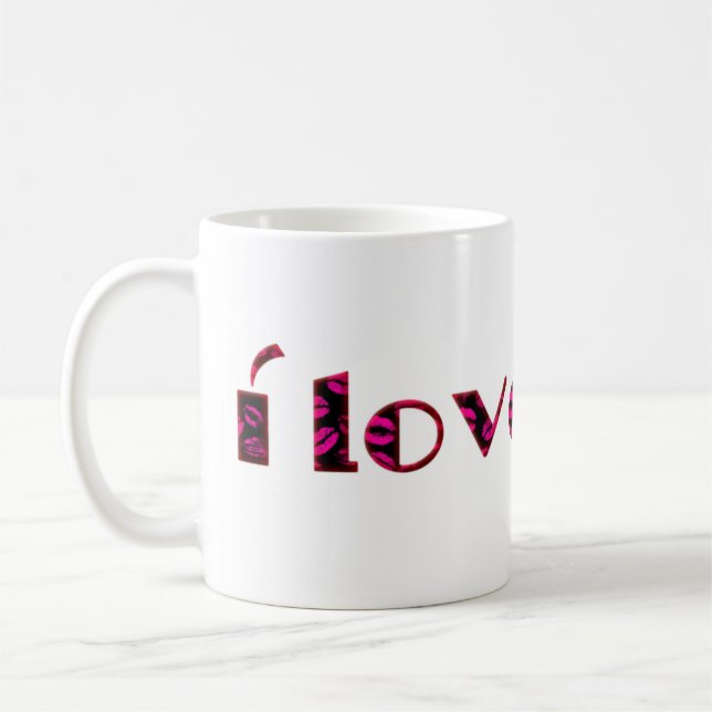 I Liebe You Romantic Pink Lipstick Kiss Typografie Kaffeetasse (Links)